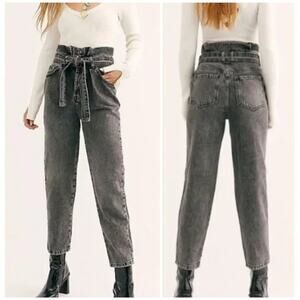 Free People Paperbag Waist Jeans 26 Black Gray Tie Front Relaxed Denim